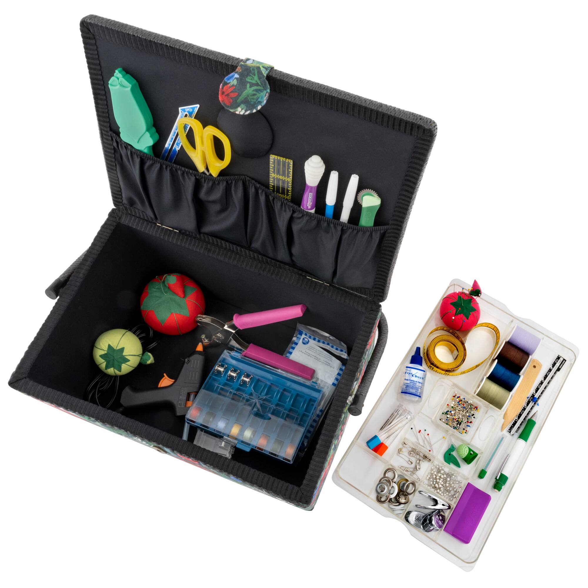 Dritz® Green & Red Floral Extra Large Sewing Basket with Removable Tray